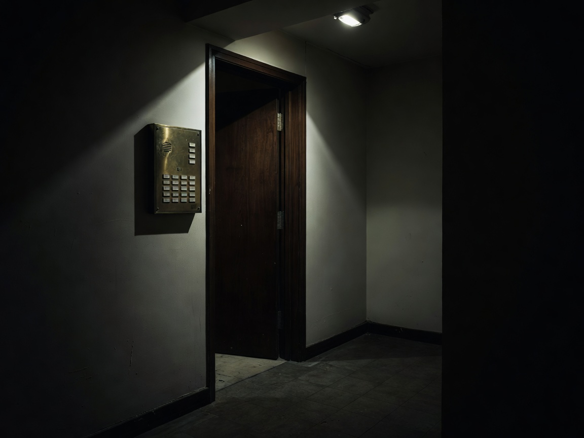 Moody high-contrast photograph of a shared apartment entrance vestibule with a brass intercom panel and recessed inner door