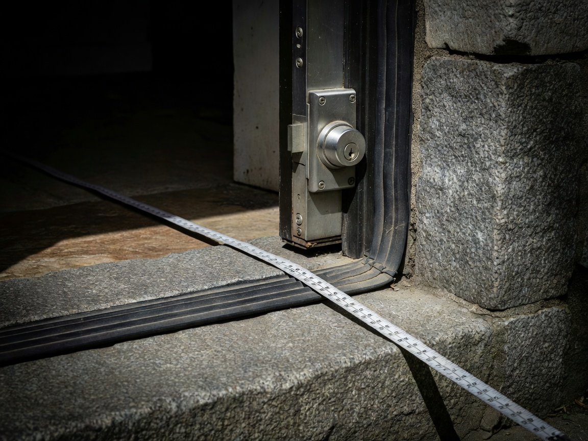 High-contrast photograph of a stone doorway threshold showing lock hardware and weather stripping details