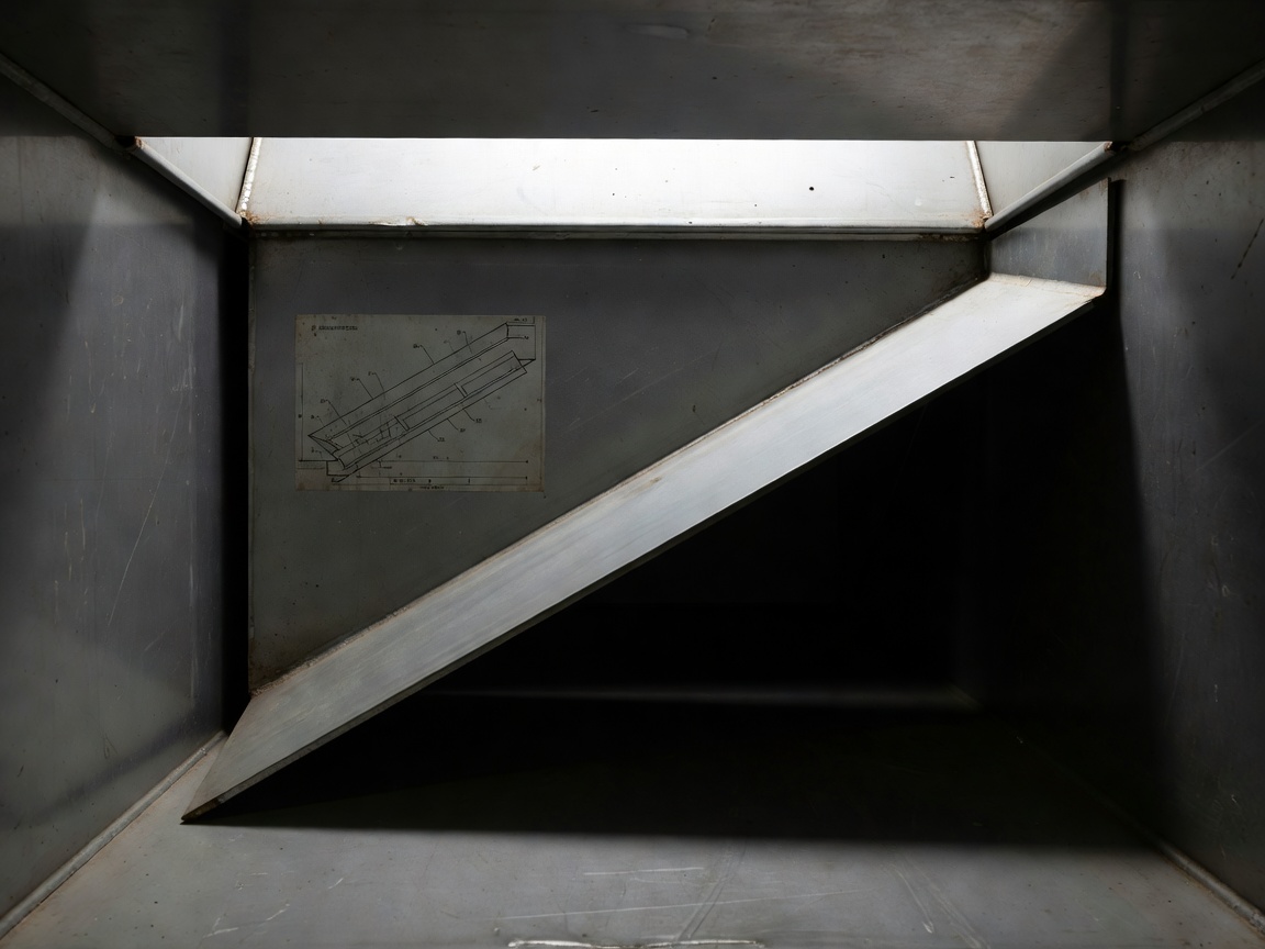 High-contrast photograph of an open steel parcel chute showing the angled anti-fishing baffle plate