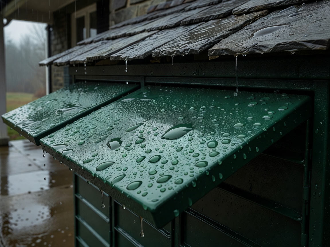 Close-up of rain droplets beading on an angled dark green parcel locker lid beneath a slate porch overhang