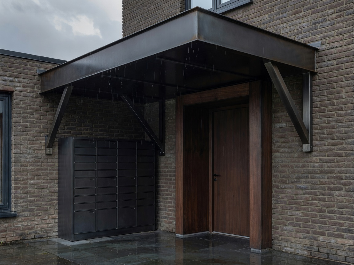 Architectural view of a recessed front doorway with a dark metal canopy protecting a parcel locker from rain