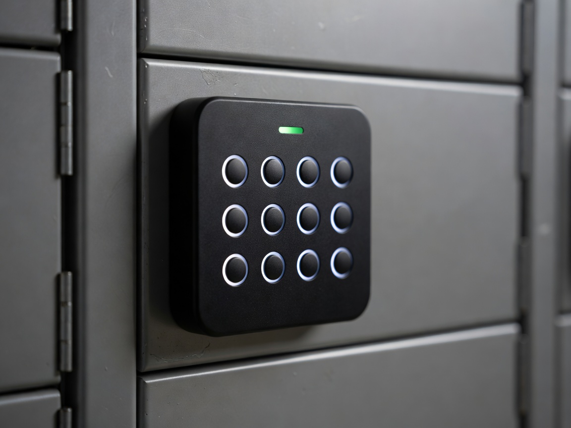 Close-up of an illuminated matte black keypad lock mounted on a weatherproof parcel locker door